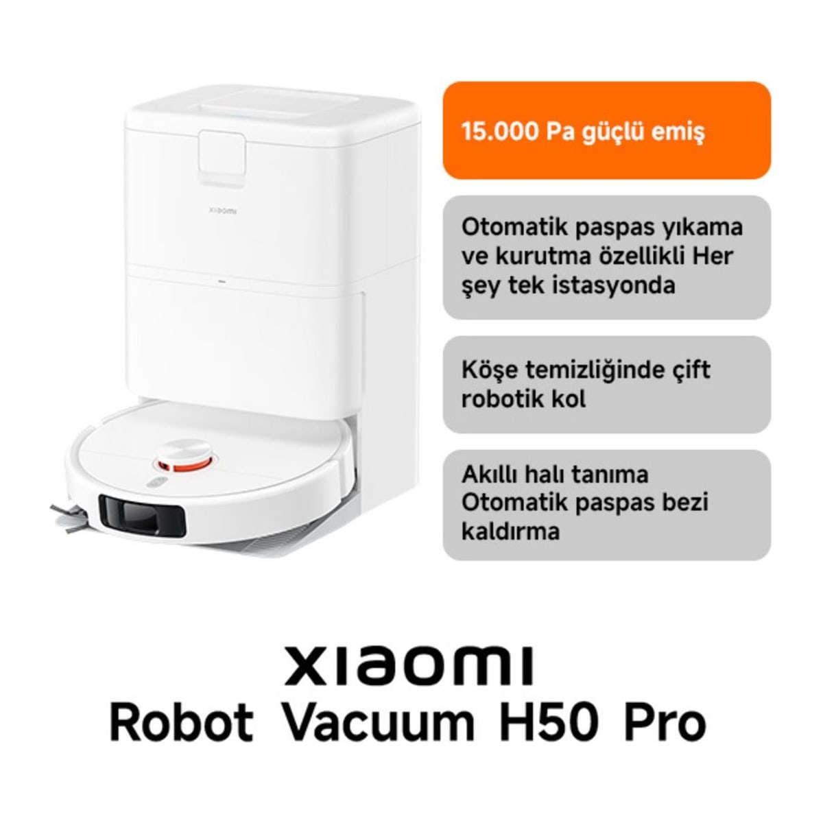 Xiaomi Robot Vacuum H50 Pro Beyaz Akıllı Robot Süpürge 15000 Pa Emiş Gücü